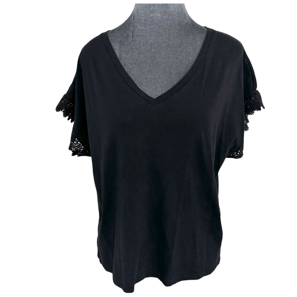 Sarah John Black V Neck Lace Sleeve T Shirt Top L XL‎